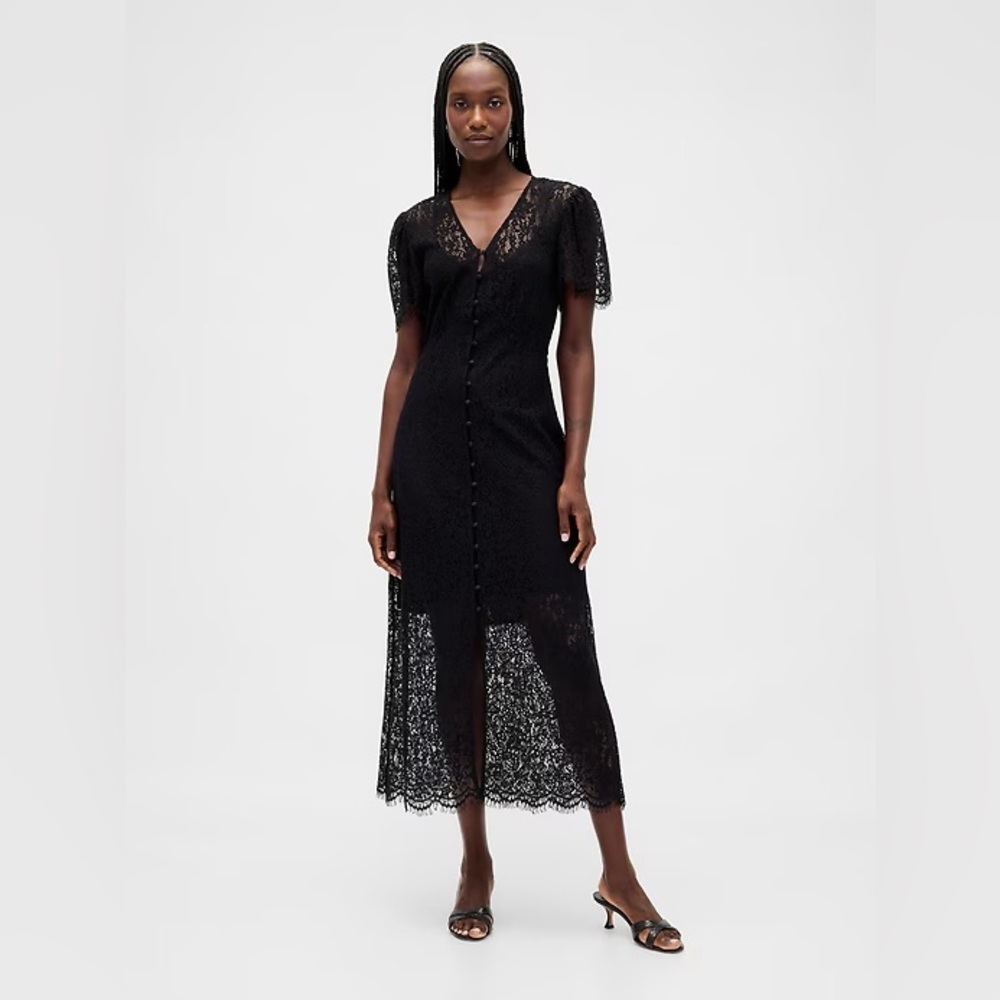 NWT! GAP Black Lace V-Neck Midi Dress - Size Large #842717 🕹️